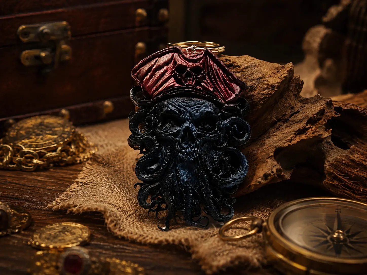 Dunkler Piratenschädel mit rotem Kopftuch