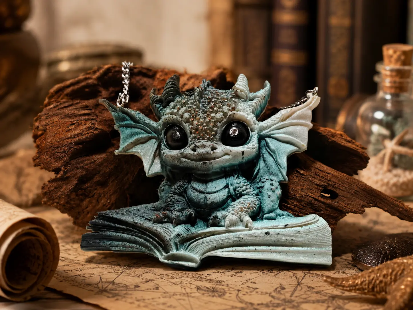 Kleiner Drache auf einem aufgeschlagenen Buch