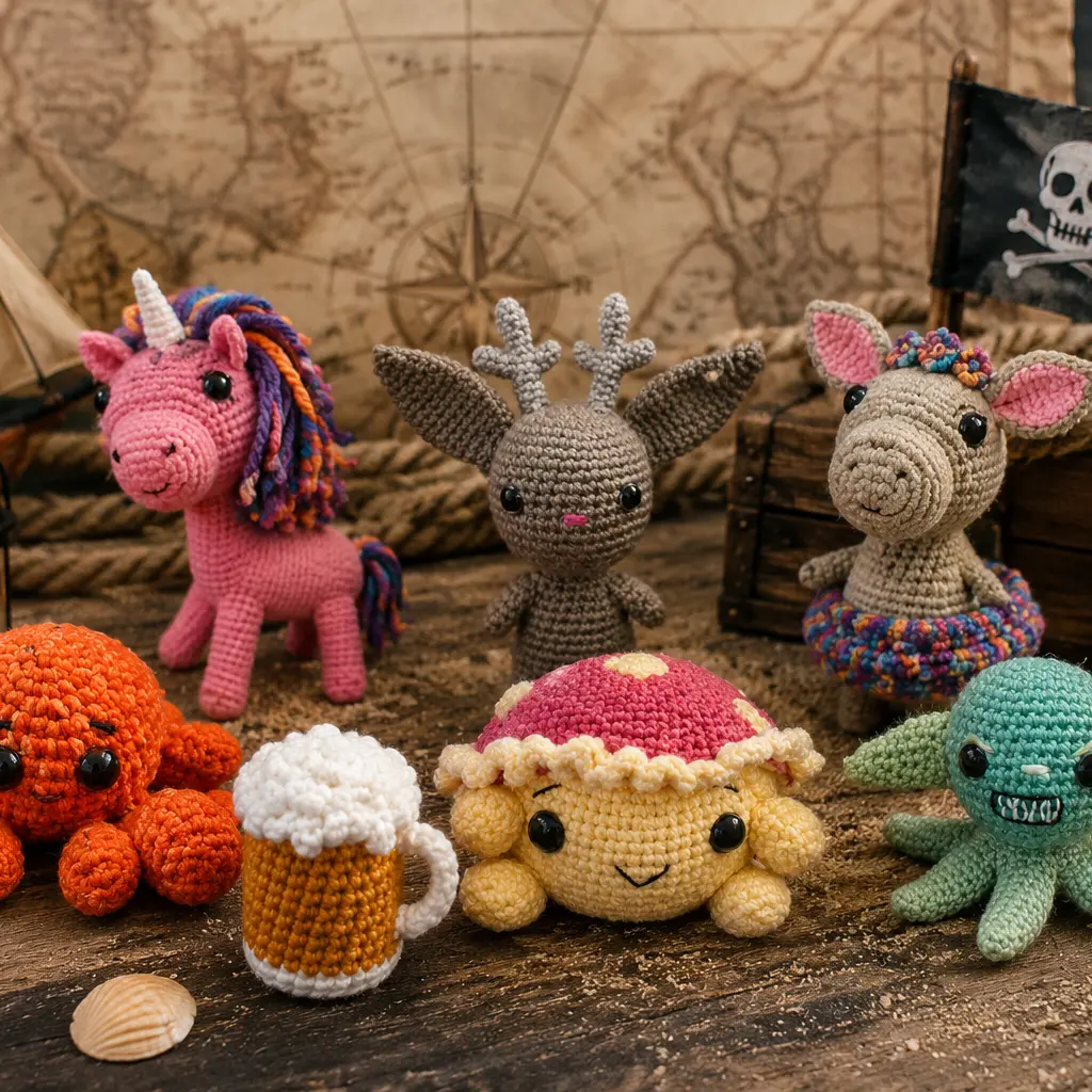 Sammlung bunter Häkelfiguren
